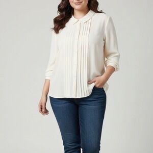 Maggie Barnes Women 0X Ivory Pleated Front Peter Pan Collar Blouse